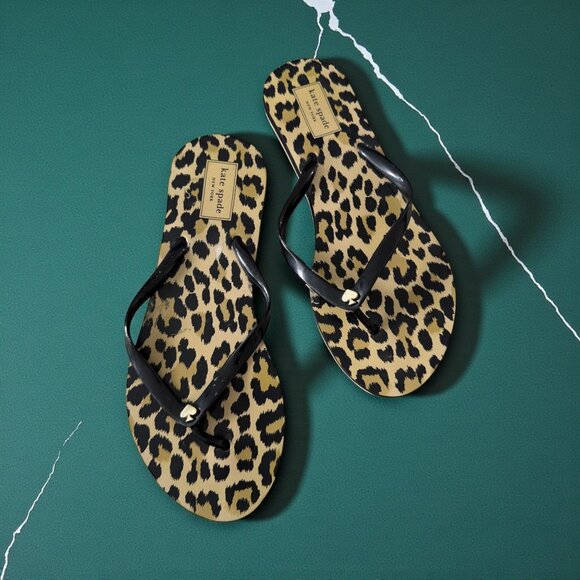 KATE SPADE Black Leopard Print Flip Flops Sandals Size Medium - 7/8 NEW NWOT - Picture 1 of 7